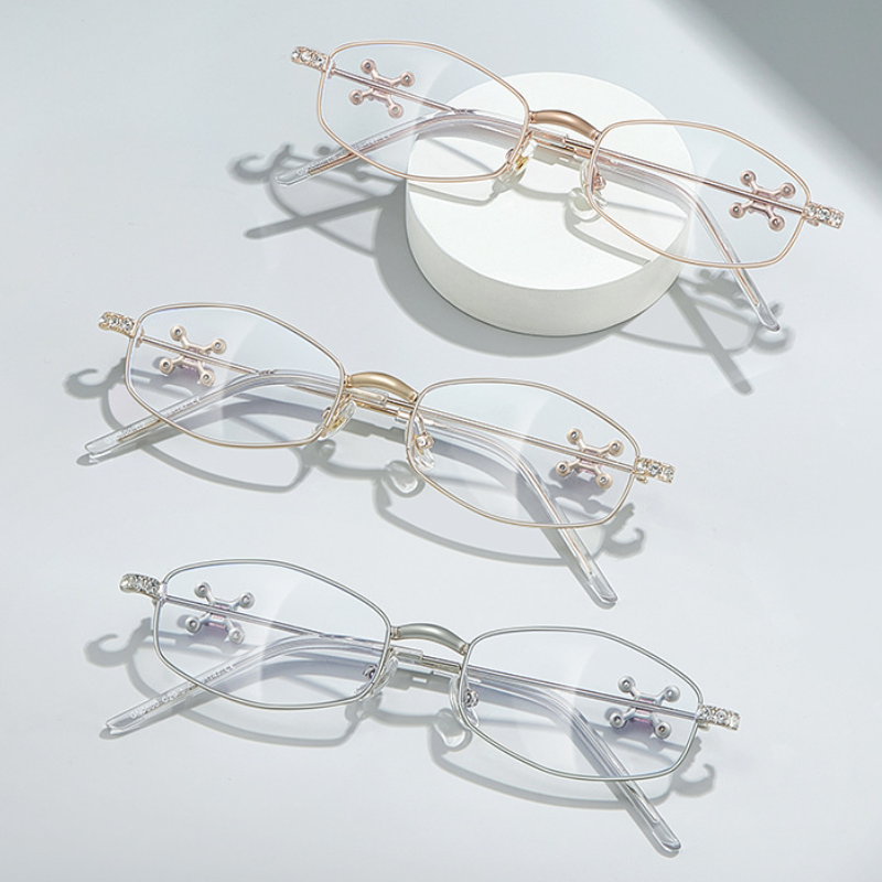 Fracto Flux Geometric Metal Eyeglass Frame for Women – Rhinestone Design